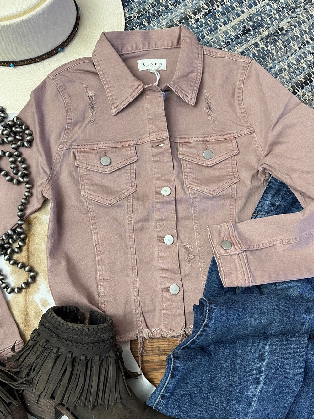 Risen Women's Dusty Pink Distressed Denim Jacket - Picture 3 of 3